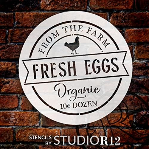 ביצים טריות - סטנסיל עגול חווה אורגני מאת Studior12 - Select Size - ארהב תוצרת ארהב - DIY עוף כפרי חווה בית עיצוב הבית | שלטי עץ שוק של חקלאי | STCL6957